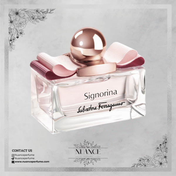 عطر Signorina از برند Salvatore Ferragamo با بطری شیشه‌ای و روبان صورتی