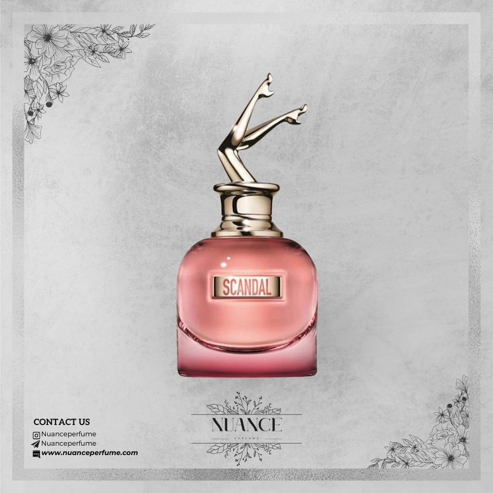 عطر Scandal اصل از برند Jean Paul Gaultier با بطری صورتی و درپوش طلایی پا شکل