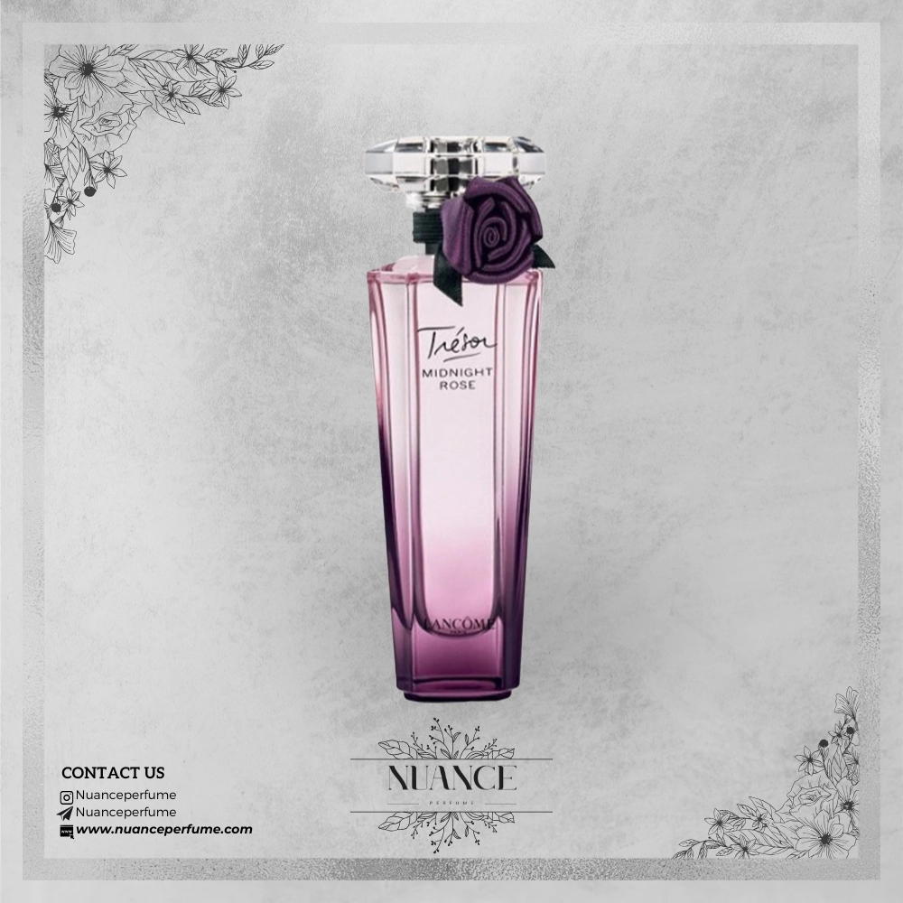 عطر Trésor Midnight Rose با بطری بنفش و گل پارچه‌ای نمادین از برند Lancôme